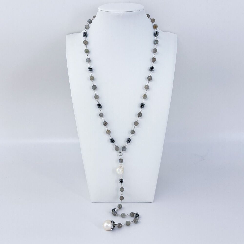 Estate Sterling Silver 925 Labradorite, Hematite, Pearl Drop Necklace 20.5"